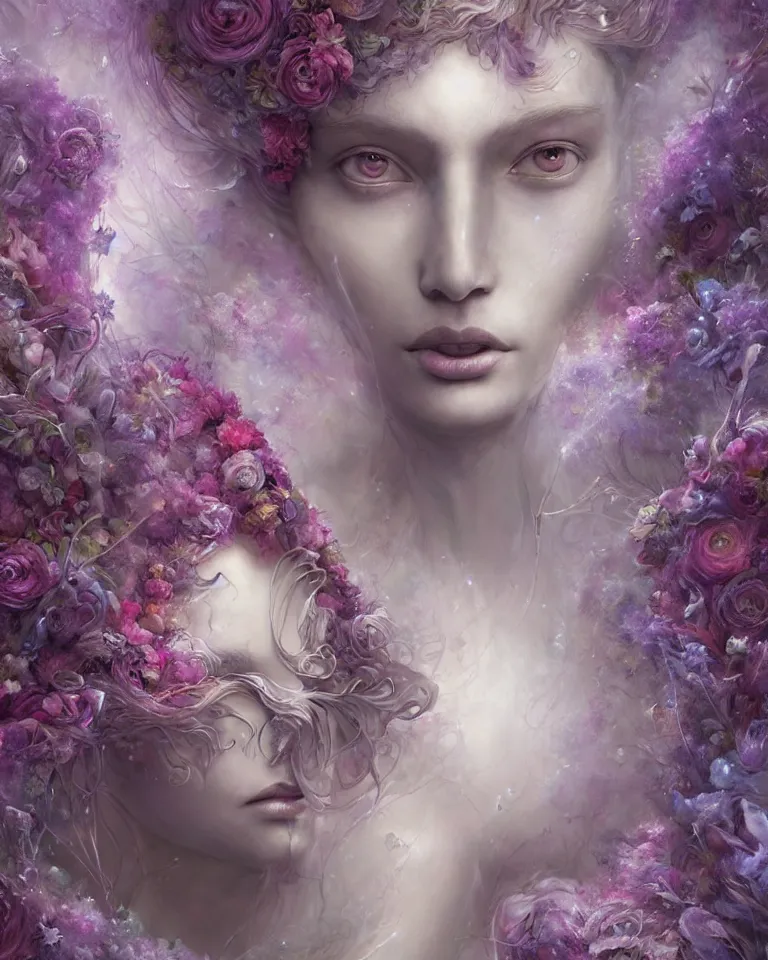Image similar to a digital painting of interlaced gorgeous etherial female sculptures, made of mist, made of flowers, Andrew Ferez, Charlie Bowater, Marco Mazzoni, Seb McKinnon, Ryohei Hase, Alberto Seveso, Kim Keever, trending on cgsociety, featured on zbrush central, new sculpture, mystical