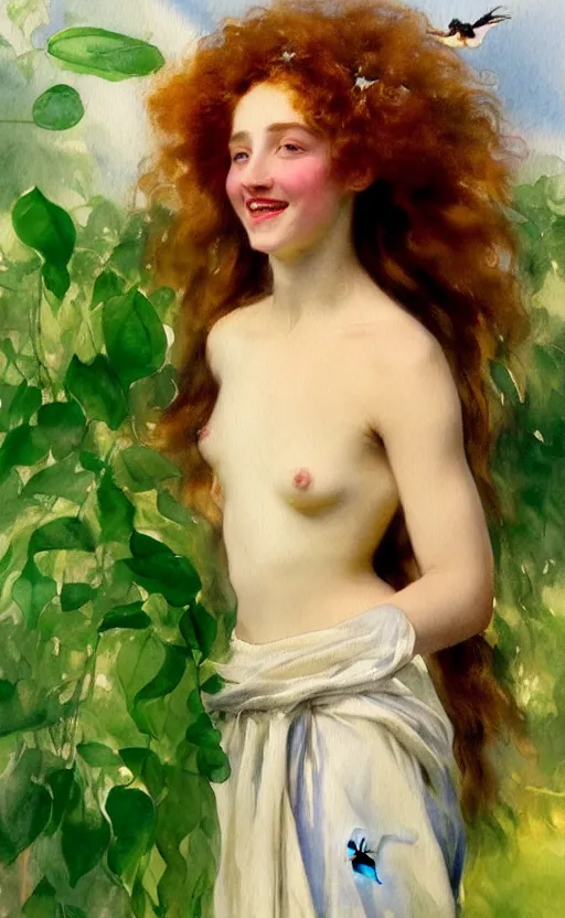 Image similar to the face of a young woman with marble complexion, angelic features, dancing curls around her face, her head raised in rapture, laughing, symmetrical eyes, watercolor by john singer sargent, background lush vegetation, insects and birds, 8 k uhd