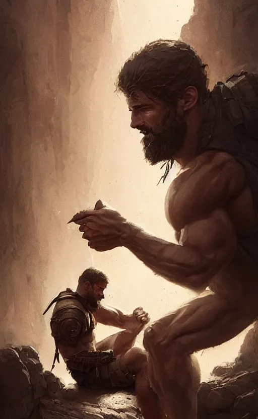 Image similar to Portrait of a rugged ranger sitting down, male, muscular, straight nose!!!, detailed face, handsome face, bare thighs!!!, simple clothing!!!!!, fantasy, medieval, highly detailed, cinematic lighting, digital art painting by greg rutkowski