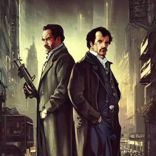 Image similar to [UHD Sherlock Holmes and Watson as GTA characters on the streets of futuristic cyberpunk London, correct faces, intricate, elegant, graphic detail, digital painting, trending on artstation, concept art, tonalism, sharp focus, illustration, art by Miguel Vasquez and Greg Rutkowski and Alphonse Mucha]