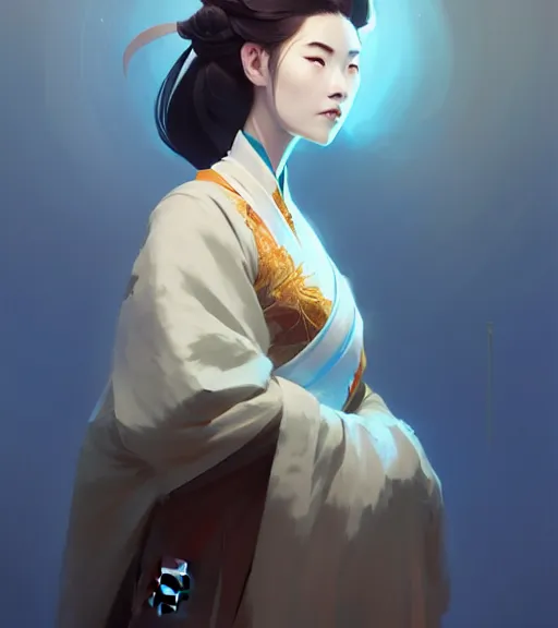 Prompt: portrait of a female immortal in amazing chinese dress 汉 服 by atey ghailan, by greg rutkowski, by greg tocchini, by james gilleard, by joe fenton, by kaethe butcher, dynamic lighting, gradient light blue, brown, blonde cream and white color scheme, grunge aesthetic