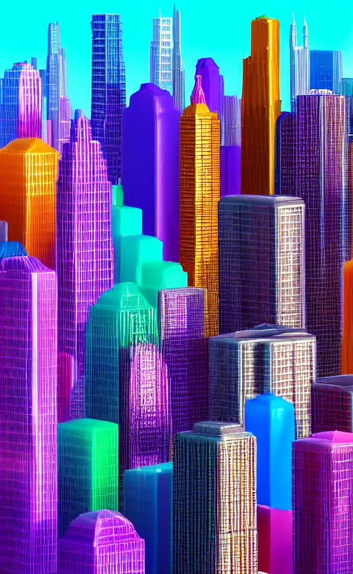 Prompt: colorful highly translucent jello gelatin pieces in the shape of chicago skyscrapers, no windows, aerial photography, vibrant colors, canon 1 - dx, shallow depth of field, tilt shift, dramatic lighting, smooth surfaces, photorealistic, unreal engine render, octane render, 8 k