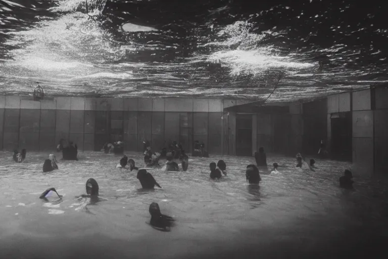 Image similar to people trapped in a flooded ballroom, drowning, underwater view, black and white photograph