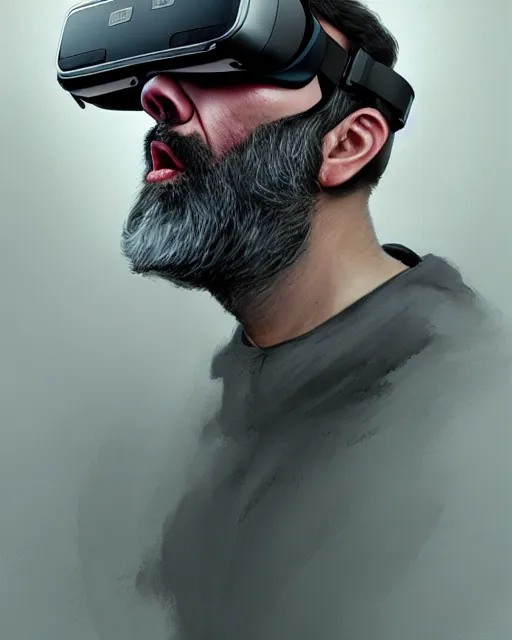 Image similar to a grey bearded man wearing a vr headset, shoreditch, real life skin, intricate, highly detailed, artstation, concept art, smooth, sharp focus, art by artgerm and greg rutkowski