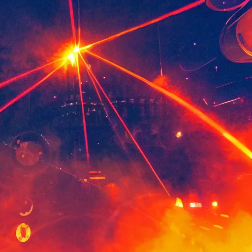 Prompt: giant group bodies, smoke lasers, darkness, from behind, wide angle, elaborate, smoke, red dot, orange line, blue mist, highly detailed, beautiful lighting