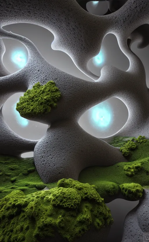 Image similar to highly detailed ultra sharp 3 d render cinematic composition of a smooth ceramic porcelain biomorphic magnolia stone nebula fluid fractal sci - fi surreal architecture landscape, granite, metallic, magnesium, marble, moss and lichen, vincent callebaut composition, mamou - mani, archviz, beautiful lighting, 8 k, unreal engine, hdr,