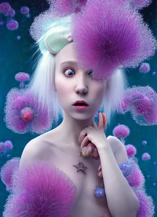 Image similar to hyper detailed 3d render like a Oil painting - kawaii portrait Aurora (white haired Singer Ferret) seen Eating of the Strangling network of yellowcake aerochrome and milky Fruit and Her delicate Hands hold of gossamer polyp blossoms bring iridescent fungal flowers whose spores black the foolish stars by Jacek Yerka, Mariusz Lewandowski, Houdini algorithmic generative render, Abstract brush strokes, Masterpiece, Edward Hopper and James Gilleard, Zdzislaw Beksinski, Mark Ryden, Wolfgang Lettl, hints of Yayoi Kasuma, octane render, 8k