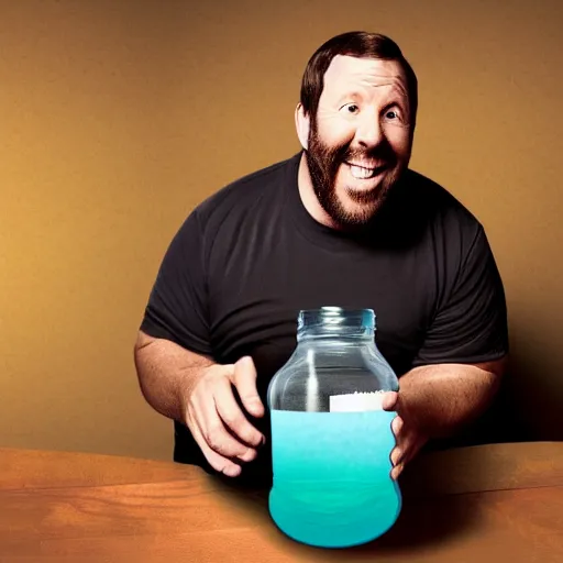 Prompt: Bert Kreischer fat eating Kool aid straight from the jar, photorealistic