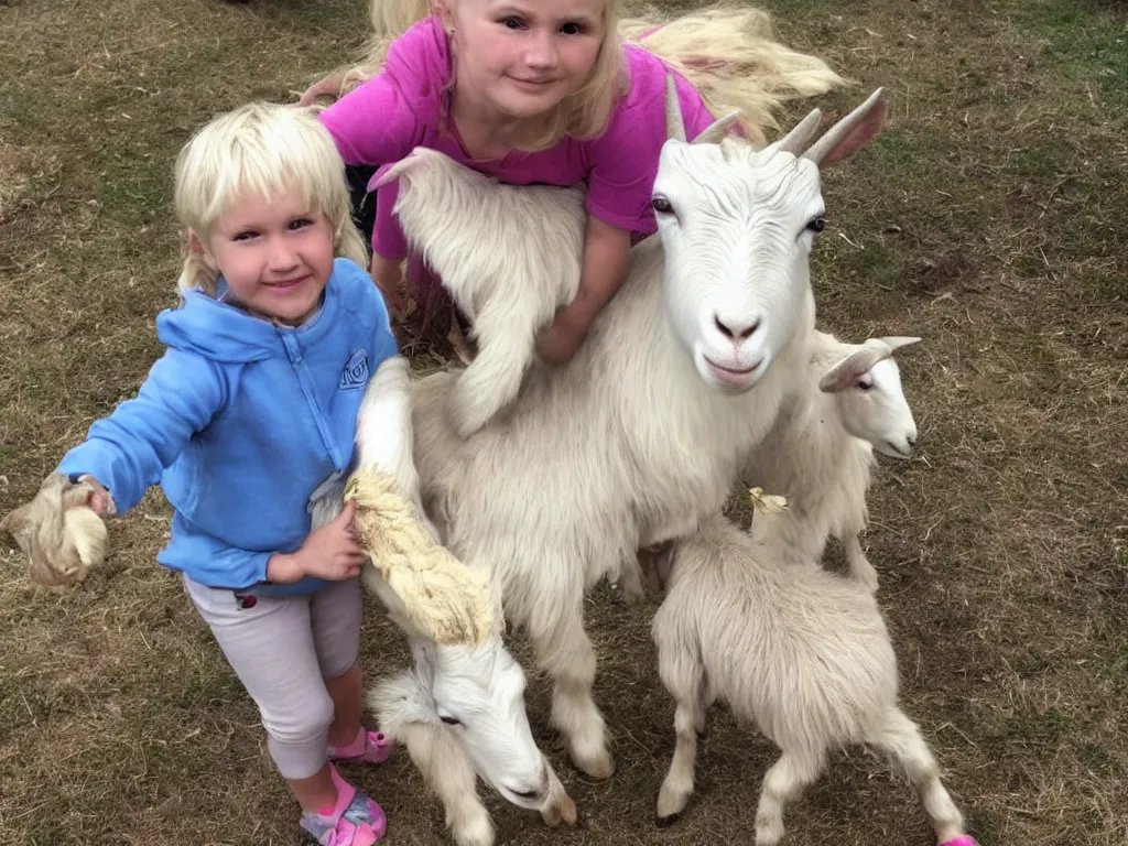 Prompt: a blond child with a goat. the goat is her best friend and they go on adventures together. in the style of pixar's'up'