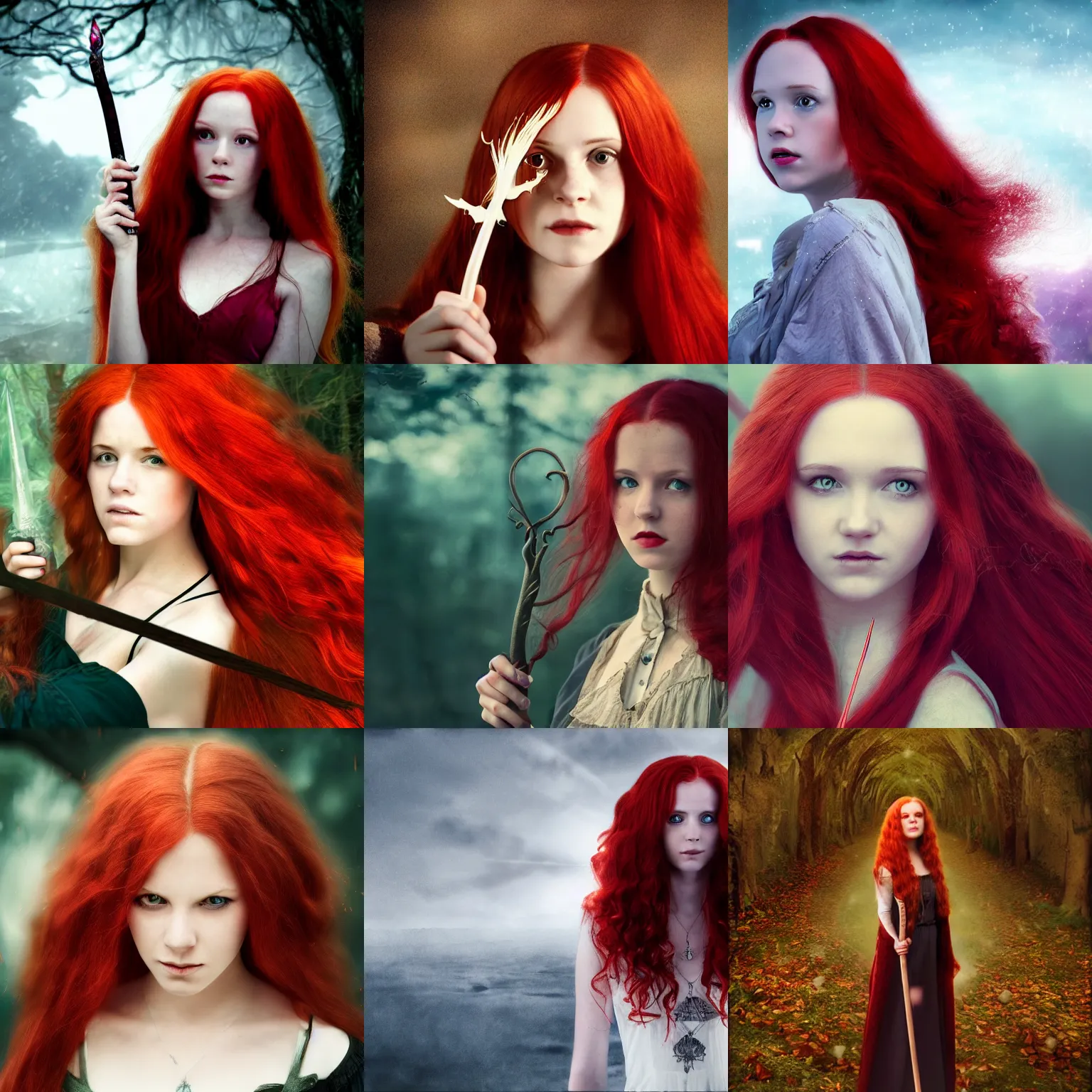 Prompt: a young woman with long red hair holding a wand, a character portrait by fuller potter, deviantart, rayonism, enchanting, movie still, pretty