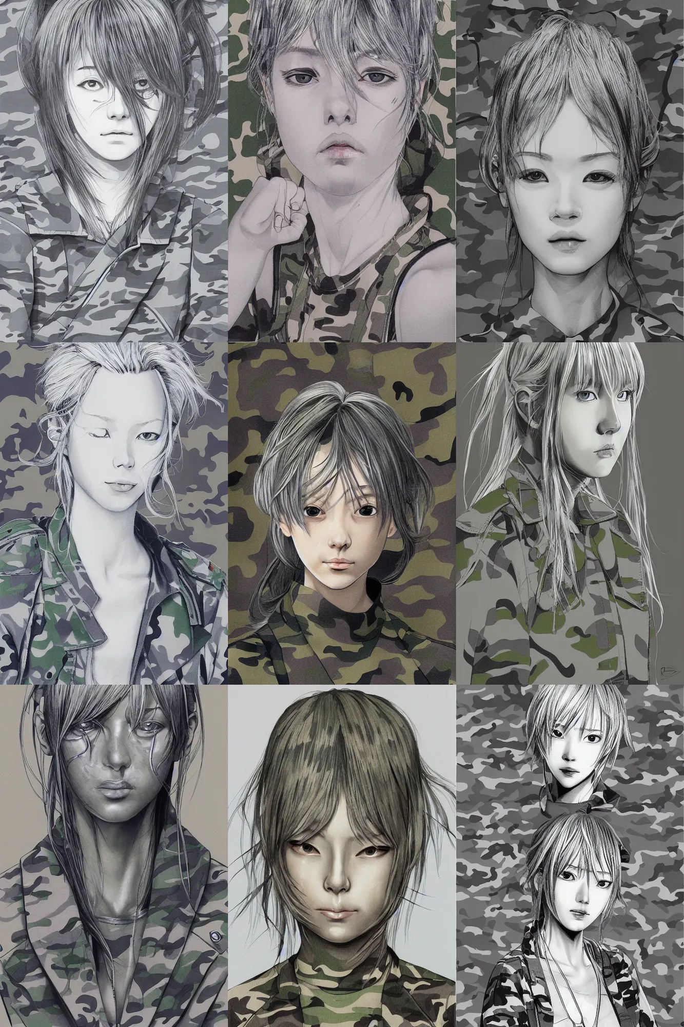 Prompt: silver hair girl, multicam (camo), ilustration by Takehiko Inoue, portrait