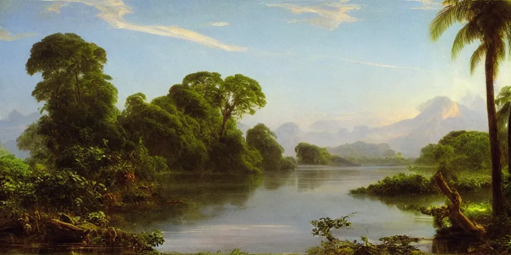 Prompt: the river delta of dawn, tropical river scene, serene mood, in style of frederic edwin church