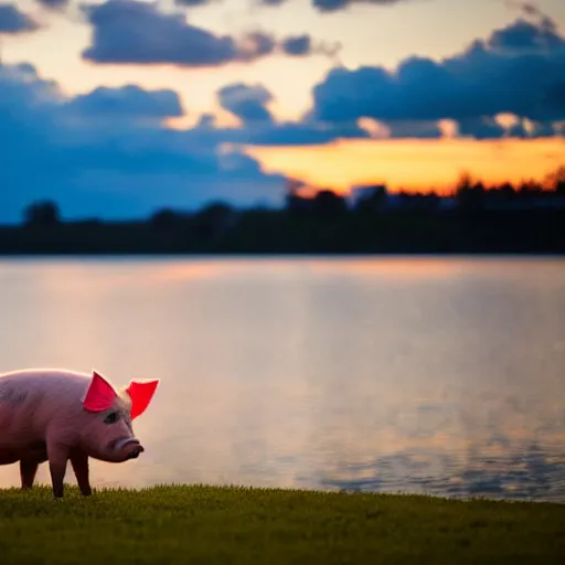 Prompt: a pig wearing a straw hat at blue hour, twilight, cool, award winning 4 k photo