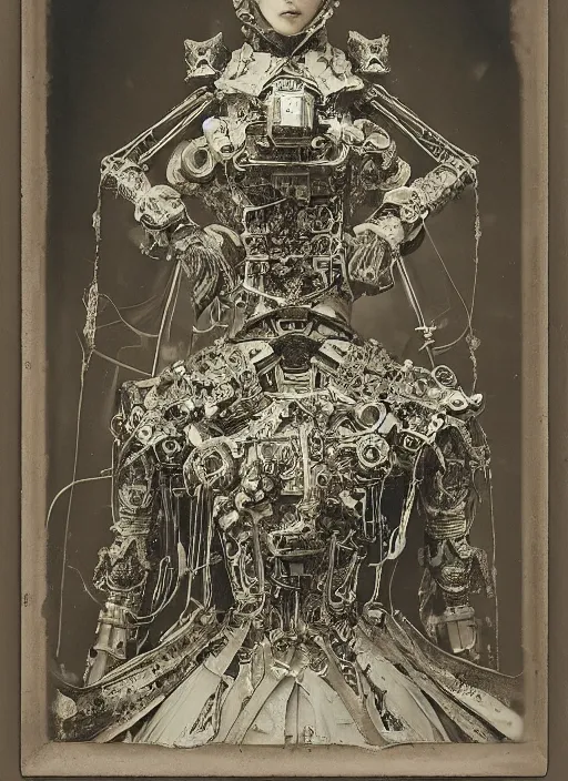Prompt: old wetplate daguerreotype frame portrait of a futuristic silver armored geisha district 9 cyborg with computer mainframe screens, fractal, intricate, elegant, highly detailed, subsurface scattering, by jheronimus bosch and greg rutkowski and louis jacques mande daguerre