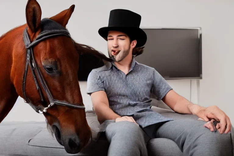 Prompt: a horse with a hat and a shirt and pants while its watching tv on sofa