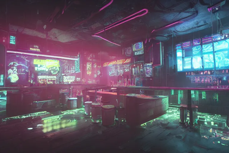 Prompt: photo environement cyberpunk bar : 4, 4 k rtx hdr volume light concept studio matte painting environement digital illustration style cyberpunk 2 0 7 7 artstation artur tarnowski, mihai muscan, marcin tomalak, marta leydy, marcin stepien, charlotte hughes, zuzanna dabrowa neon bioluminiscence