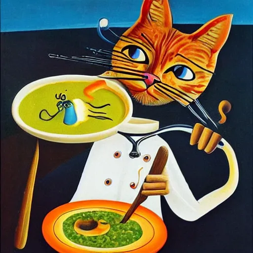 Image similar to anthropomorphic cat chef cooking a delicious colorful soup, by Salvador Dali