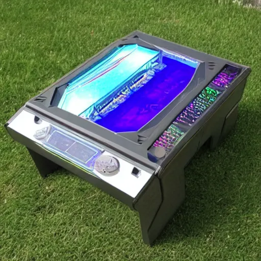 Image similar to holographic crystal ancient computer contraption used to play holo digital board duel games outdoor scene