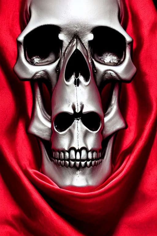 Prompt: chrome cyclops skull statue layed on a red silk fabric, by hedi xandt and antonio corradini, macabre art, dark surrealism, epic and cinematic view, volummetric light, texturized, detailed, 8 k