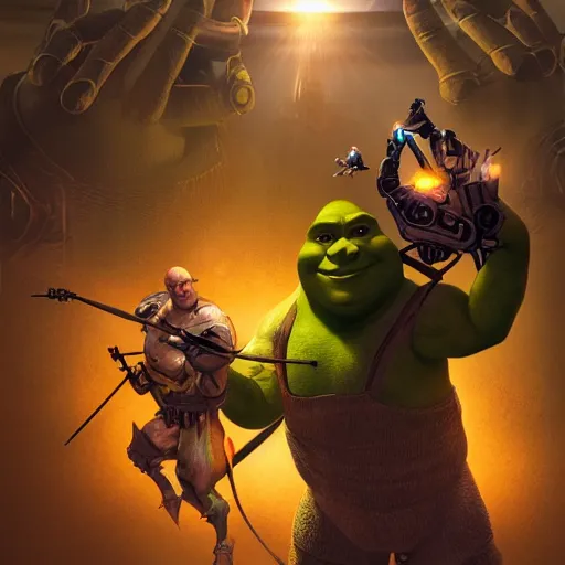 Image similar to shrek fighting against muscular senator armstrong on a helipad, metal gear, radiating a glowing aura global illumination ray tracing hdr fanart arstation, intricate, highly detailed, digital painting, artstation, concept art, character art, smooth, sharp focus, illustration, art by artgerm and greg rutkowski and alphonse mucha