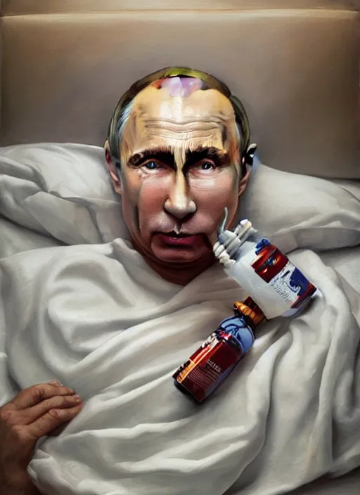 Image similar to a super very hyperrealistic oil painting of ill Vladimir Putin as a patient wearing an oxygen mask on a death bed inhaling from Copium tank that stand near his bed, visible face, by Laurie Greasley, Lawrence Alma-Tadema, Dan Mumford, artstation, deviantart, FAN ART, full of color, Digital painting, face enhance, highly detailed, 8K, octane, golden ratio, cinematic lighting