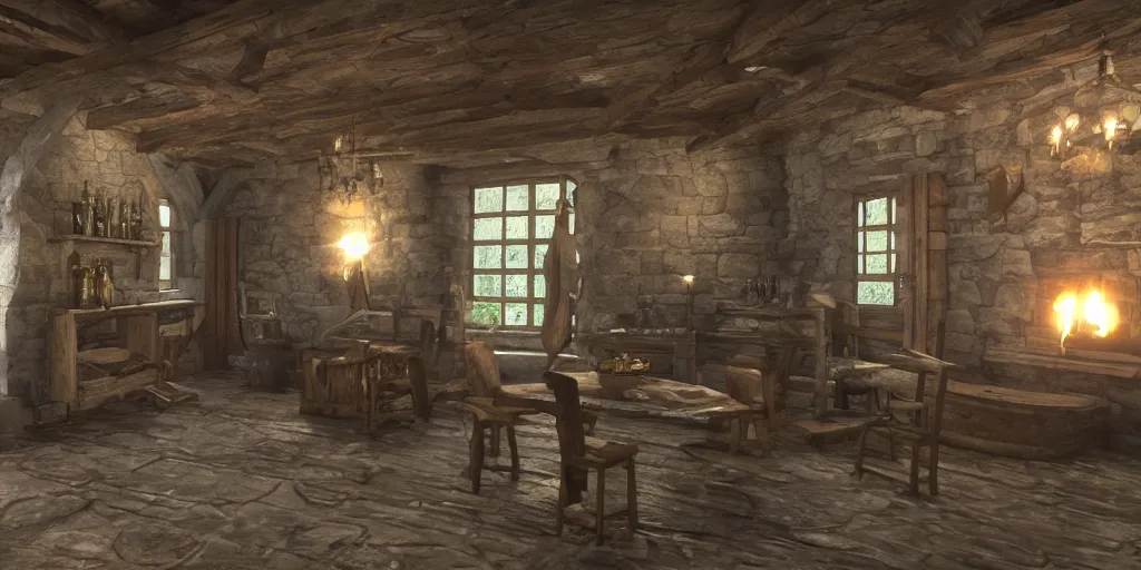 Image similar to medieval cottage interior, unreal engine