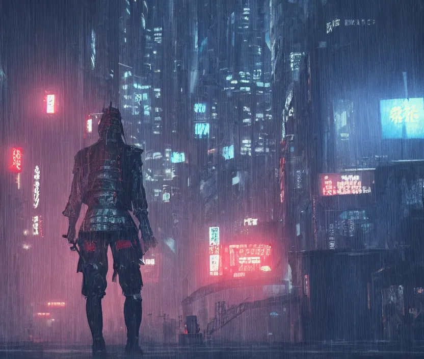 Prompt: 'a samurai in night city cyberpunk thematic , gloomy and foggy atmosphere, octane render, artstation trending, horror scene, highly detailded'