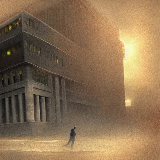 Prompt: a nut attacking the fbi headquarters, digital painting, high quality, volumetric fog