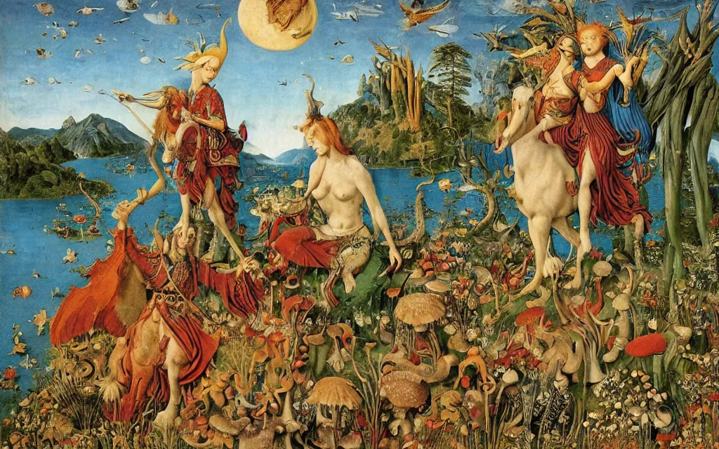 Prompt: a portrait photograph of a meditating harpy and a centaur king riding eagles and hugging animals at a river delta. surrounded by mushrooms, flowers, animals and trees. mountains range under a blue sky of burning stars. painted by jan van eyck, max ernst, ernst haeckel and ernst fuchs, cgsociety, artstation, fashion editorial, 8 k