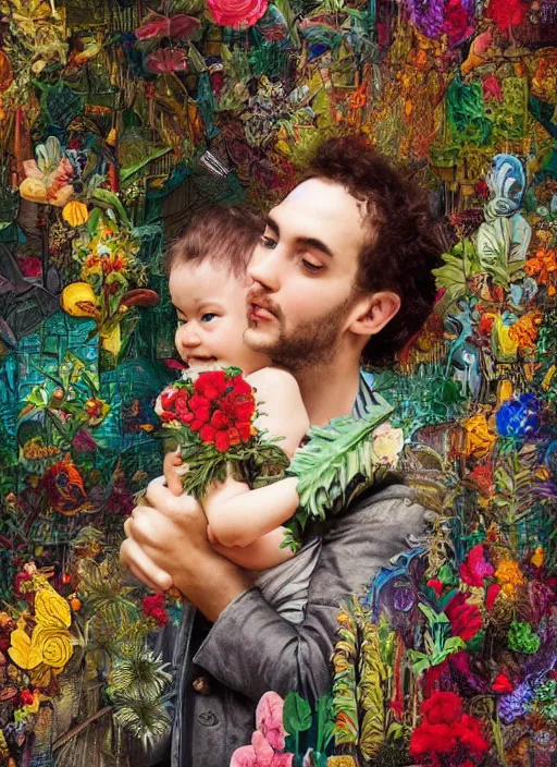 Prompt: father with child, head overgrown by maximalist mixed media collage plants. vibrant colours matte background. beautiful. amazing. rococo. HD 8x