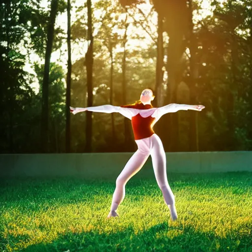 Image similar to An origami girl doing acrobatic contemporary dance, dramatic lighting, with bokeh effect in a sunny meadow