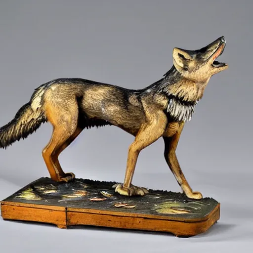 Image similar to 19th century automata depicting a wolf chasing a fox