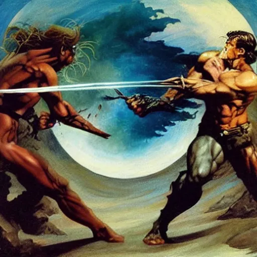 Image similar to an epic duel in the abyss, frank frazetta style