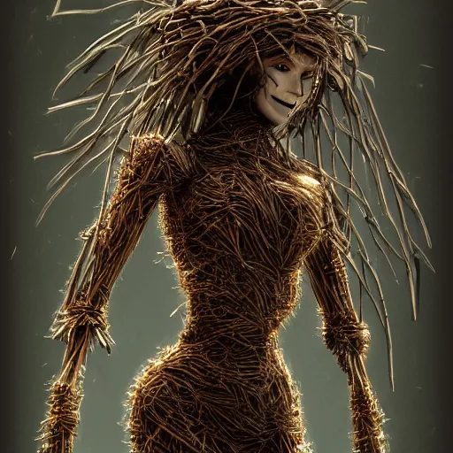 Image similar to amazing detailed realistic concept art of a female scarecrow made of twigs and metal, digital art artstation