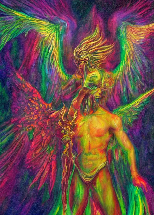 Prompt: Lucifer of the lunar mythos mercurial (surreal) fallen angel mist fear not, award winning oil painting, chromatic aberration polychromatic color palette radiant colors