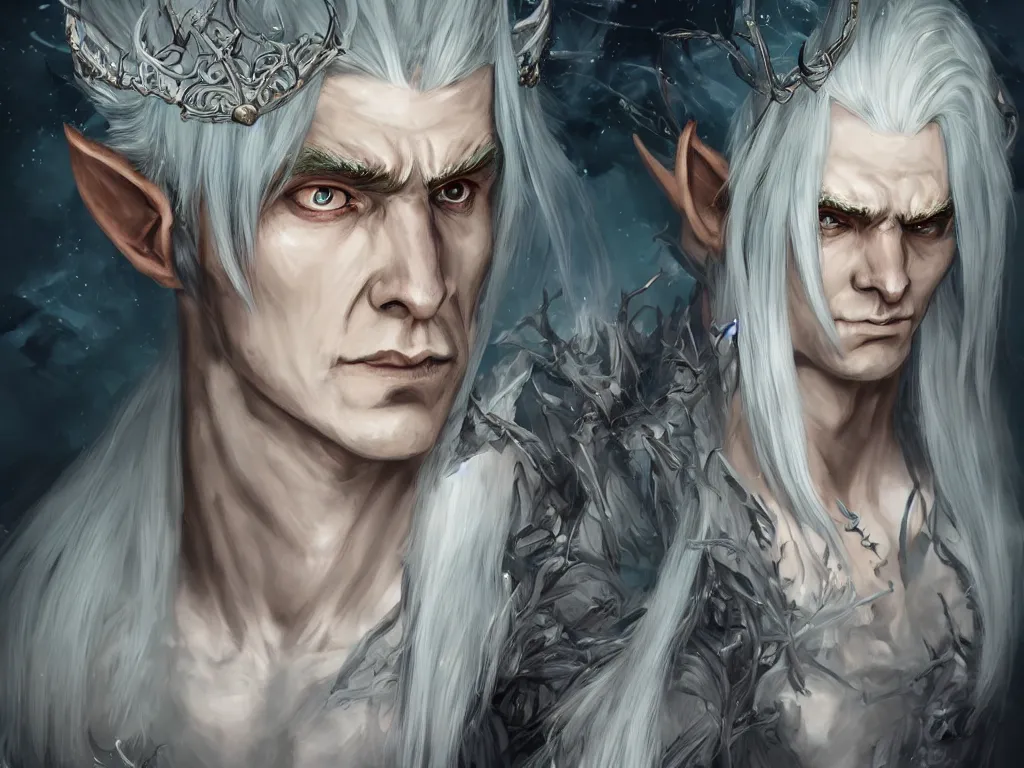 Image similar to the frightening archfey called'the prince of frost ', full - body portrait, fantasy, white hair, blue skin, wild eyebrows, young adult, elf, crown, hard edges, soft lighting, professional lighting, trending on artstation