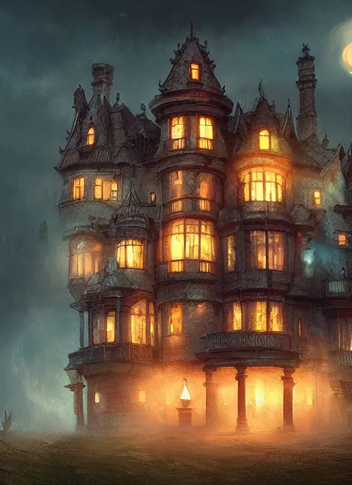 Prompt: glowing mansion in burning vapor dramatic lighting, artstation, matte painting, alexander fedosav, alexander jansson