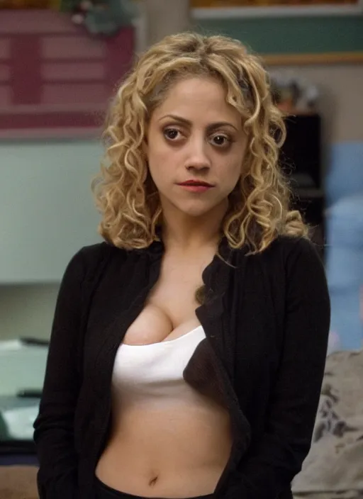 Image similar to movie still of brittany murphy with a very big bust in the tv show the inbetweeners.