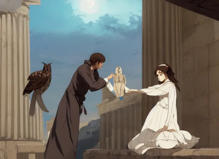 Image similar to greece 1 8 4 0's, young adult florence nightingale shocked at some children tormenting a small owl at the parthenon in athens, finely detailed perfect art, gapmoe yandere grimdark, trending on pixiv fanbox, painted by greg rutkowski makoto shinkai takashi takeuchi studio ghibli