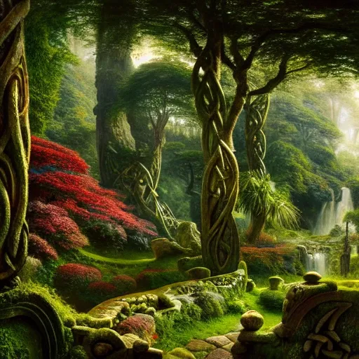 Prompt: a beautiful and highly detailed matte painting of a lush garden in a beautiful forest, carved celtic stone runes, psychedelic colors, intricate details, epic scale, insanely complex, hyperdetailed, artstation, cgsociety, 8 k, sharp focus, hyperrealism, by caspar friedrich, albert bierstadt, james gurney, brian froud,