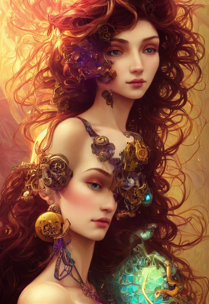 Prompt: beautiful, young woman, detailed gorgeous face, magical, steampunk, vaporwave aesthetic, synthwave, colorful, psychedelic, artstation, concept art, smooth, extremely sharp detail, finely tuned detail, ultra high definition, 8 k, unreal engine 5, ultra sharp focus, illustration, art by artgerm, greg rutkowski and alphonse mucha