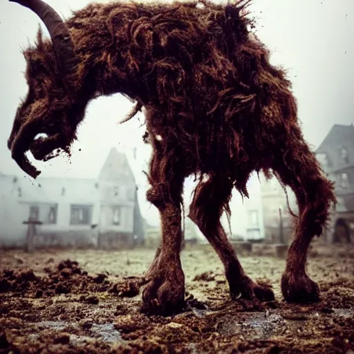 Prompt: horror, moody, still from film, daytime, muddy village square, wide shot, screeching mutant goat monster, powerful, with a mouth crammed full of filthy jagged teeth, matted brown fur, in muddy medieval village square