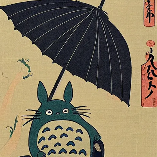 Image similar to Totoro is holding an umbrella in the rain, ukiyo-e