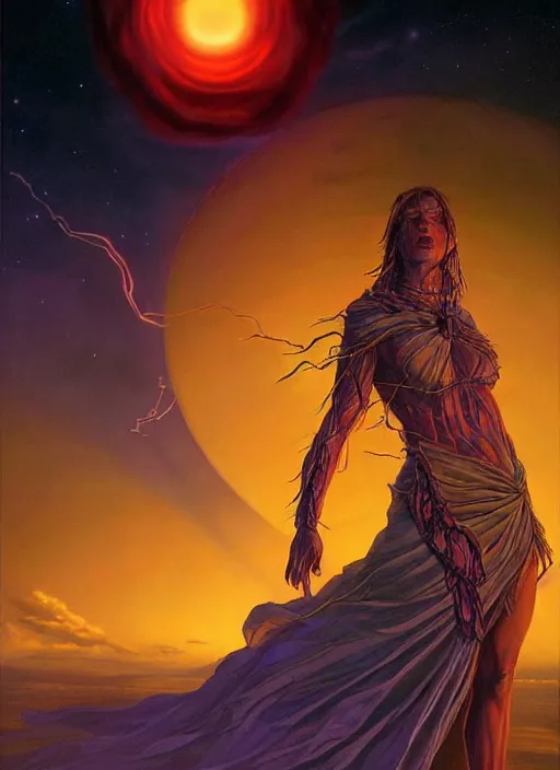 Prompt: biblical beautiful female druid android, bright glowing veins, in clouds, in front of a black hole, sunset, supernova, by gerald brom, by peter elson, muted colors, extreme detail, reflections, trending on artstation, 8 k