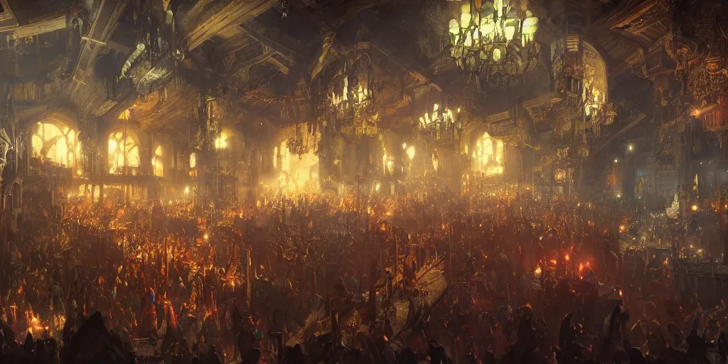 Interior of a crowded fantasy medieval night club