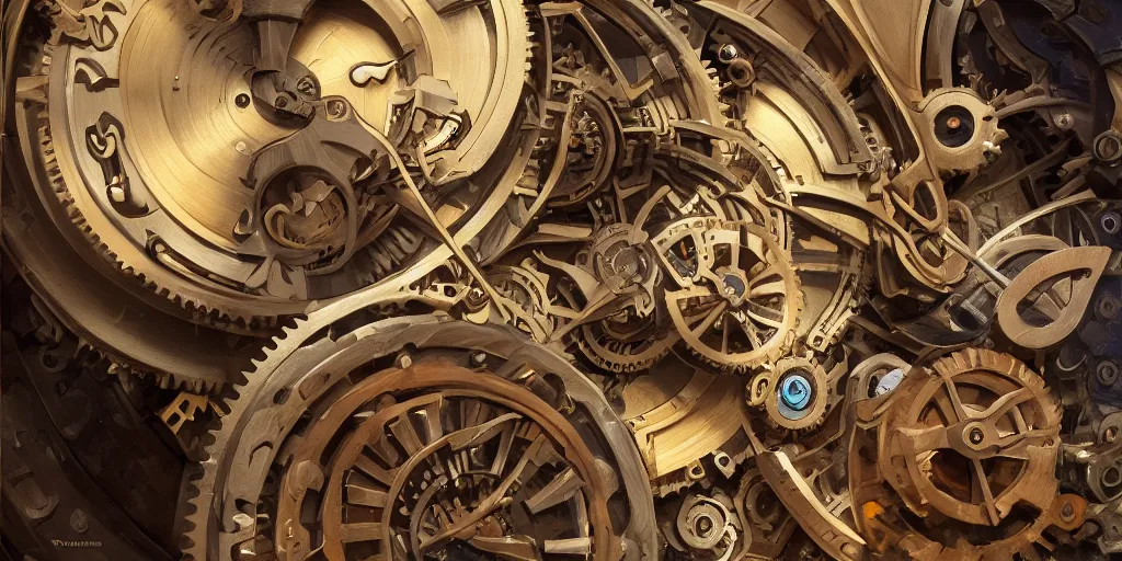 Prompt: the gears of a mechanical watch, extremely detailed oil painting, unreal 5 render, rhads, Bruce Pennington, Studio Ghibli, tim hildebrandt, digital art, octane render, beautiful composition, trending on artstation, award-winning photograph, masterpiece