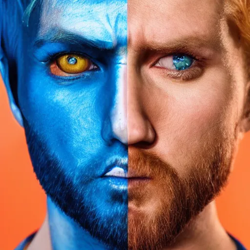 Image similar to portrait of a blonde masculine man two sides hair and thin face lines, he is angry, he wears a blue costume, with golden eagles head on the shoulders in shoulder pads, 8 k, hyper realistic, movie imax shot, film, cinematography, red