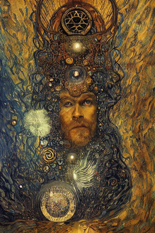 Image similar to The Dreaming Cell by Karol Bak, Jean Deville, Gustav Klimt, and Vincent Van Gogh, mystic eye, otherworldly, prison, elaborate wrought iron bars, chains, locks, fractal structures, arcane, inferno, inscribed runes, infernal relics, ornate gilded medieval icon, third eye, spirals