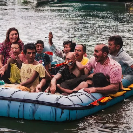 Image similar to a group of refugees on a raft, water ride amusement park, war photography