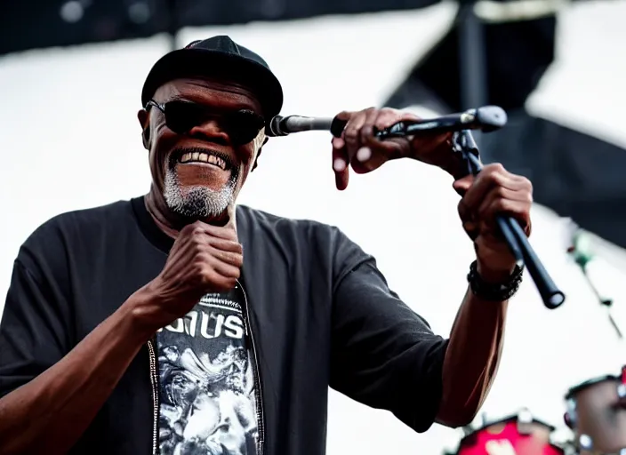 Image similar to photo still of samuel l jackson on stage at vans warped tour!!!!!!!! at age 3 3 years old 3 3 years of age!!!!!!!! playing a tamborine, 8 k, 8 5 mm f 1. 8, studio lighting, rim light, right side key light